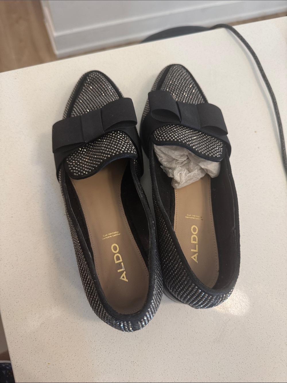 Aldo Black Rhinestone Bow Pointed Toe Flats
